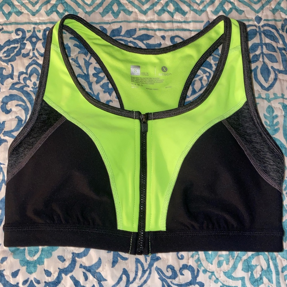 XERSION Small Zip Front Sports Bra, Black/Neon Yellow